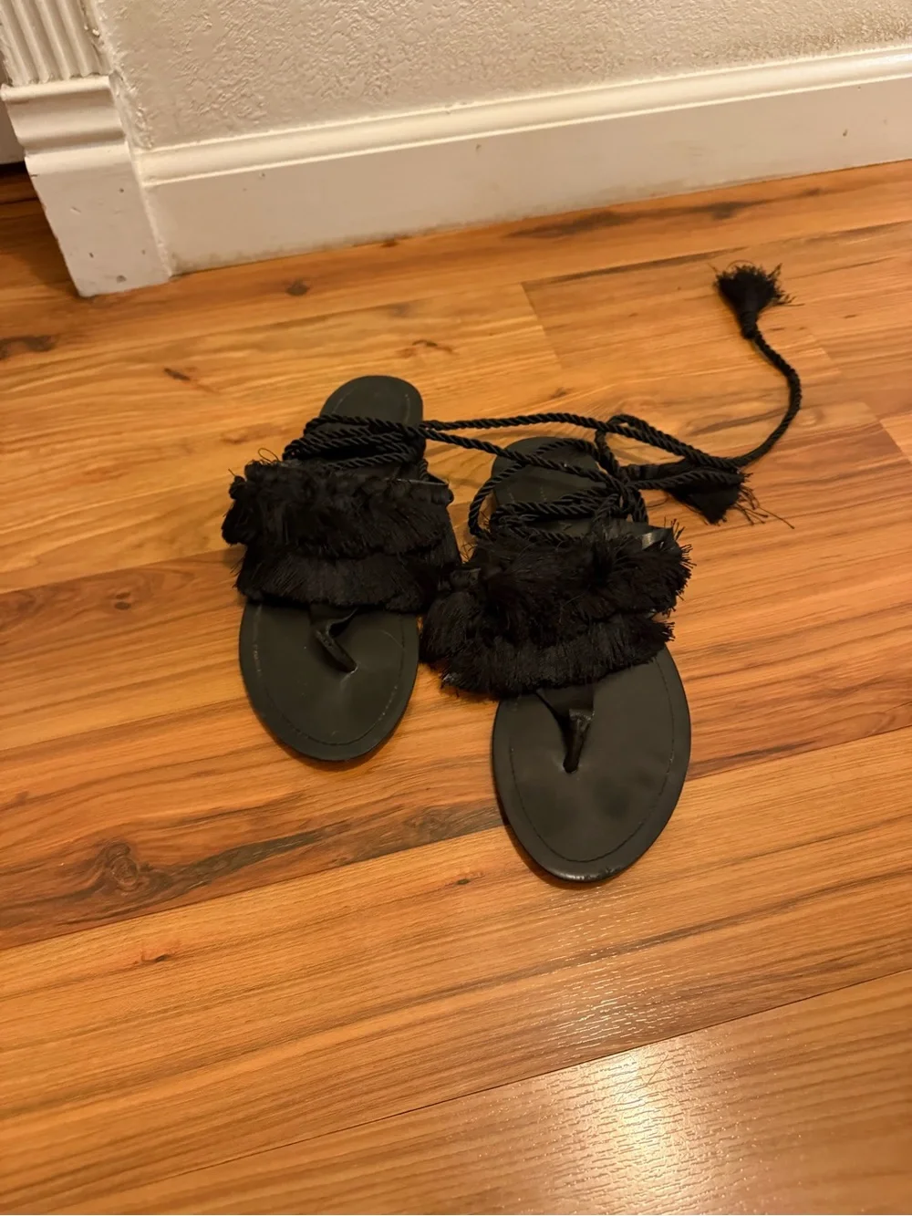 Zara Black Fringe Tie-Up Sandals - Picture 1 of 9